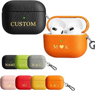 Custom Name Case for AirPods Pro 2 Add Your Own Personalized Initials Monogram Vegan Leather Luxury Cover for Air Pods Pro 2nd Gen with Keychain Full-Body Protective Wireless Charging Gift for Her