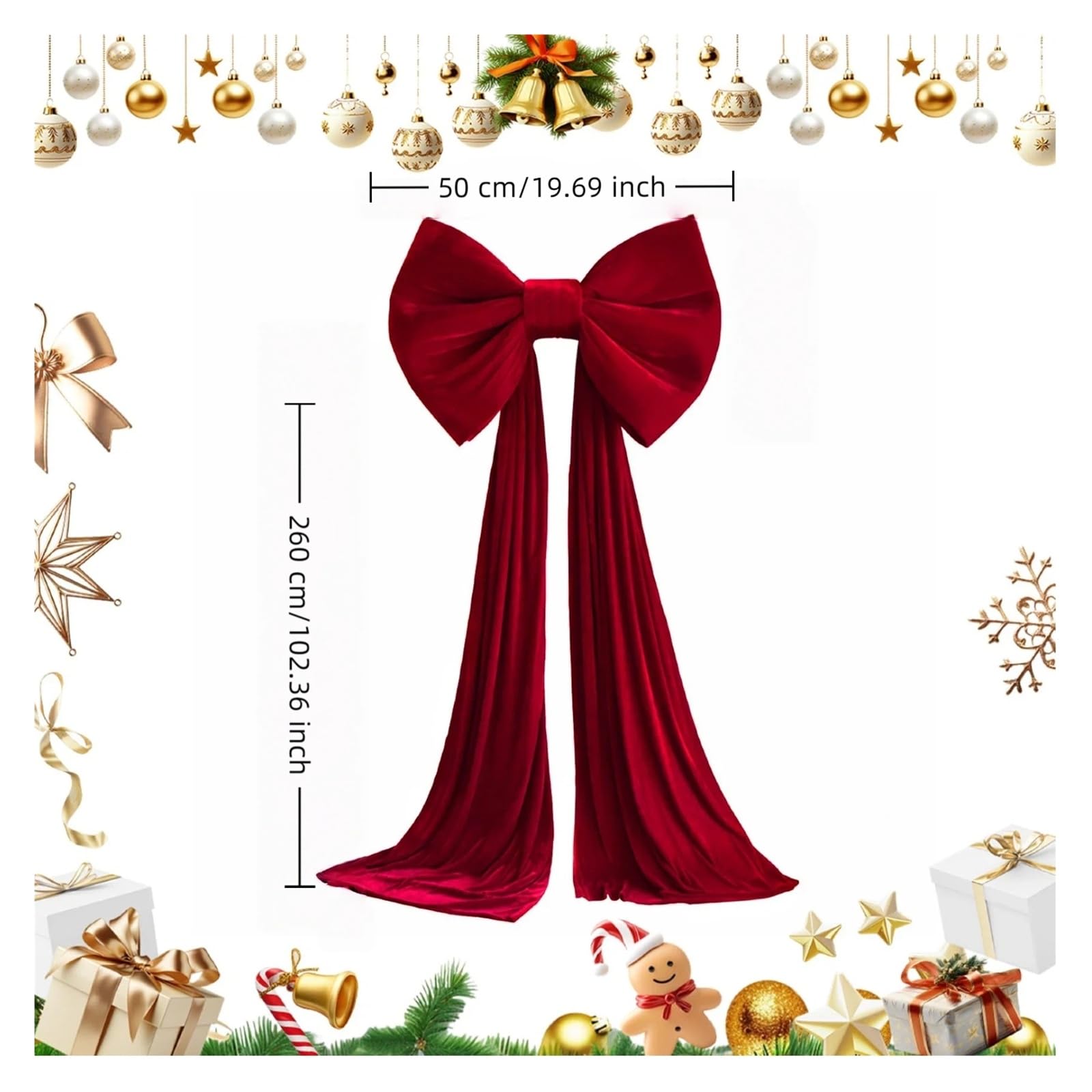 Cimier de sapin de Noël extra large en velours rouge avec ruban de 2,6 m – Décoration parfaite pour arbres, guirlandes, murs et fêtes intérieures