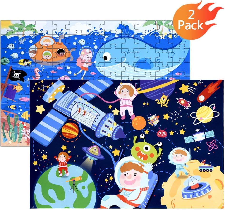 Fishwisdom Outer Space100 Pieces Jigsaw Puzzles for Kids Ages 4-8, Puzzles for Toddler Children Learning Educational Puzzles Toys for Boys and Girls Gift