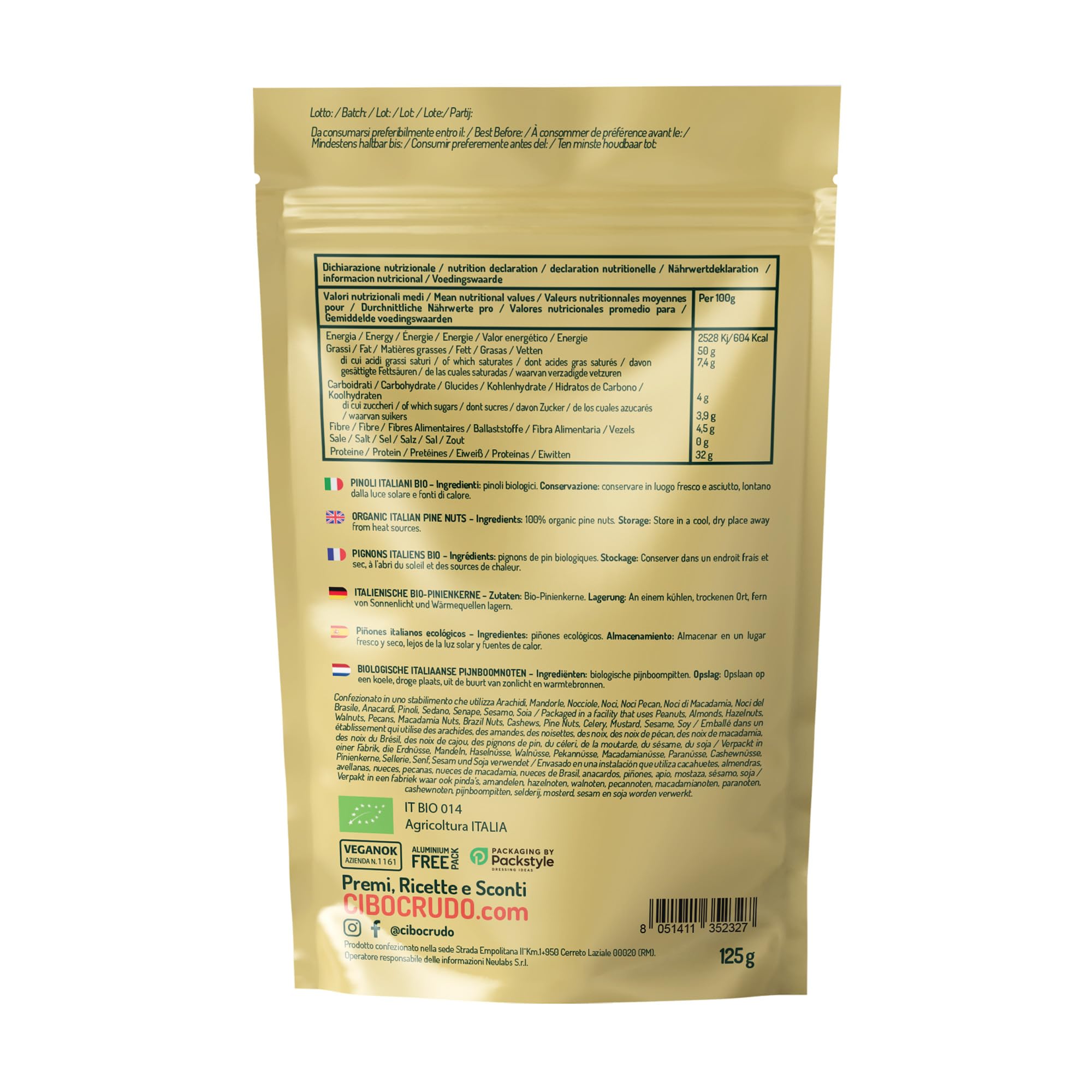 Cibocrudo Pinoli Sgusciati Italiani Biologici, Pinoli Italiani Organic – 125gr – Frutto Bio Del Pino Domestico, Prodotto In Italia, Ricchi Di Sali Minerali E Vitamine, Qualità Premium, Naturale