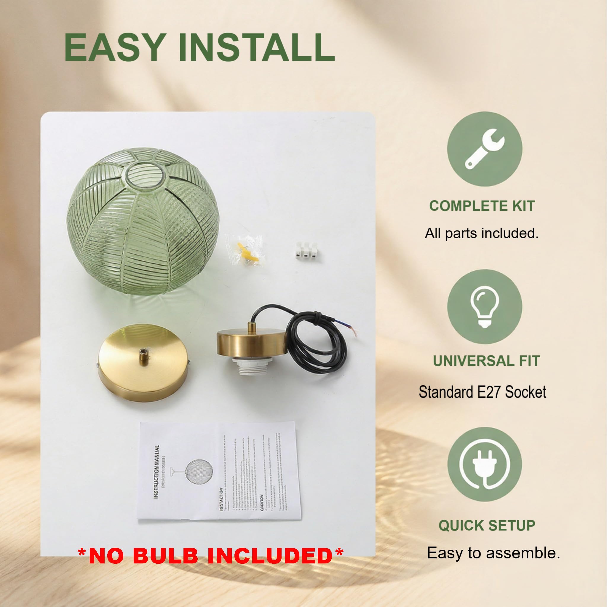 Lampada a Sospensione Vintage,Sfere in Vetro con Venature Fogliari, Metallo Oro E27 Lampadario Sospeso da Soffitto per Camera da letto, Sala da pranzo, Loft e Ristoranti (Verde, 20cm)