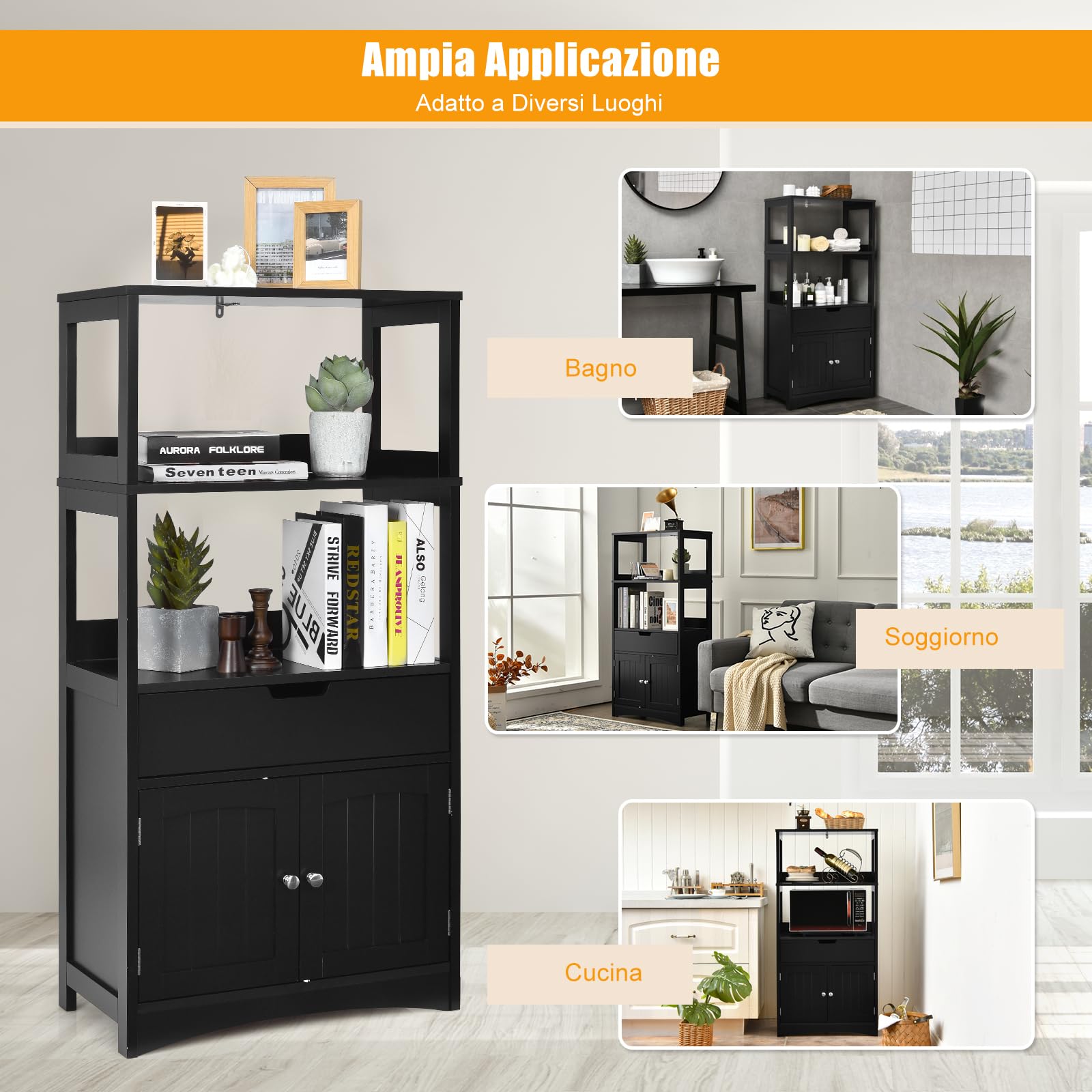 GYMAX Mobiletto da Cucina, con Cassetto e Ripiani Aperti, Mobile Armadietto Salvaspazio, per Bagno, Ingresso, Soggiorno,60 x 32 x 122 cm (Nero)