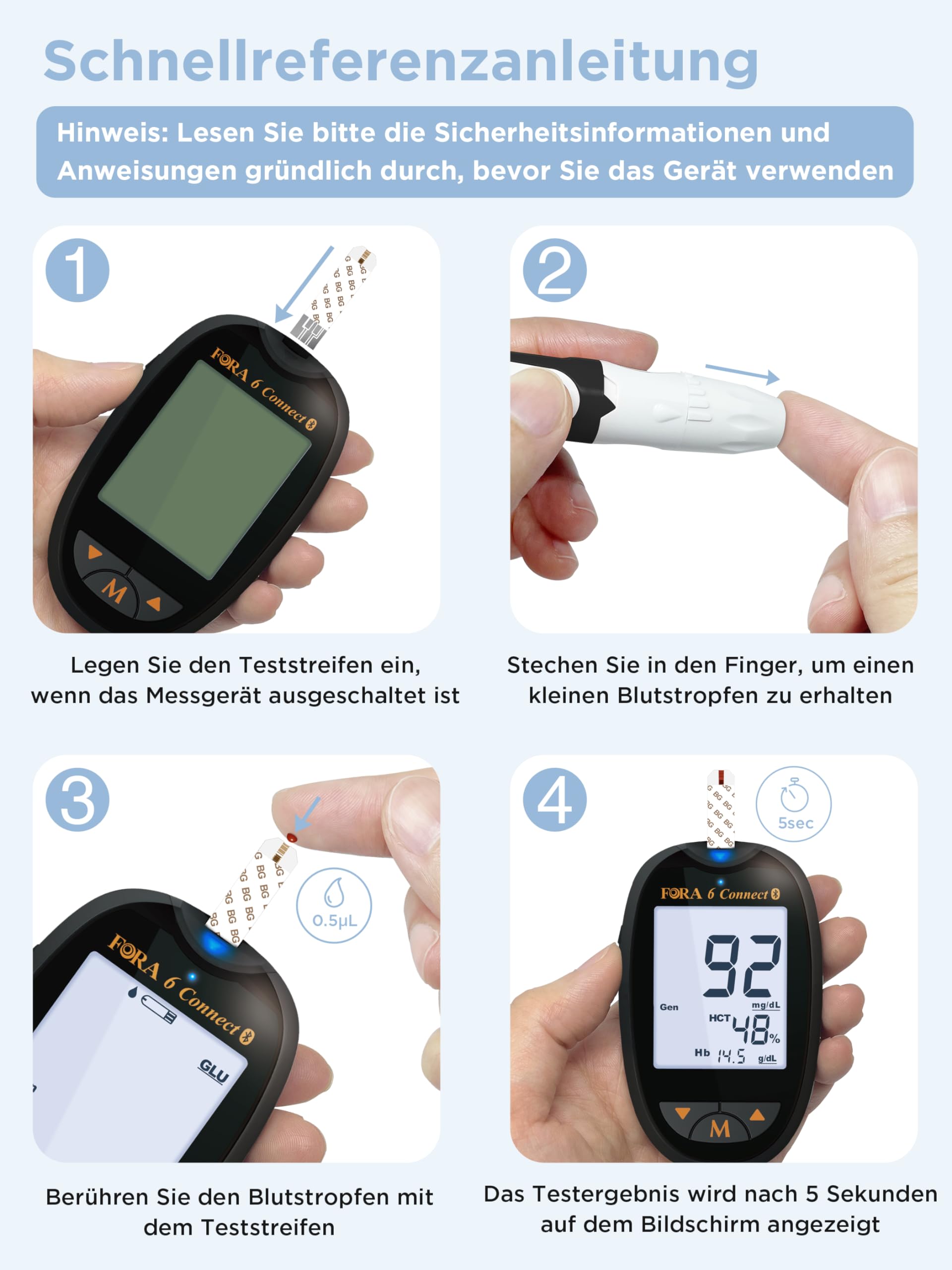 FORA 6 Connect Blutzuckermessgerät (mg/dl) set mit 50 Stück, einzeln verpackt Blutzucker-, Hämatokrit- und Hämoglobin-Teststreifen (3-in-1: BG, HCT, HB), Schwarz