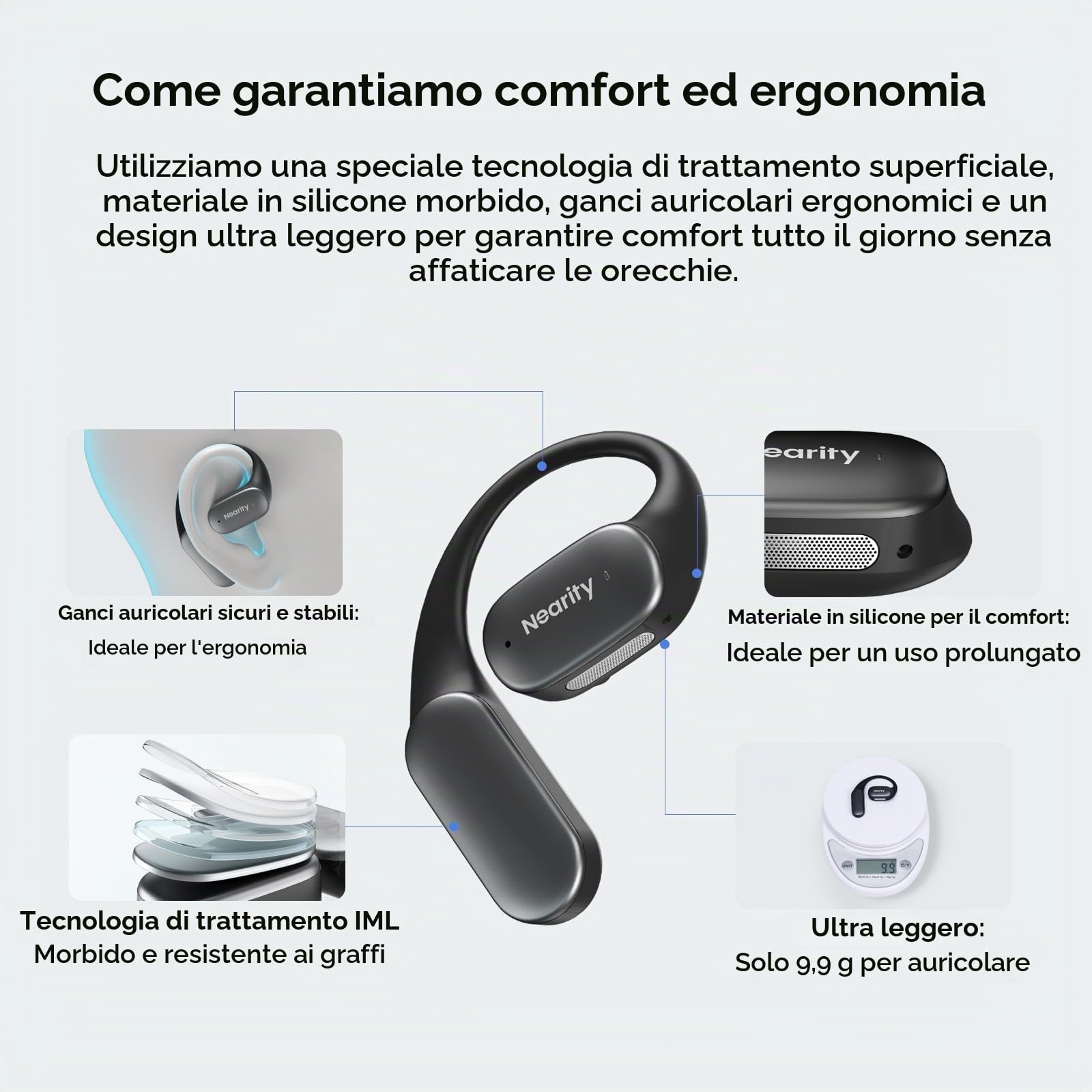 NEARITY MemPod Fit 2 cuffie Bluetooth Open Ear, auricolari wireless con bassi profondi, fino a 45 ore di riproduzione, custodia di ricarica, dongle, connessione duale, per telefono/Mac, nero