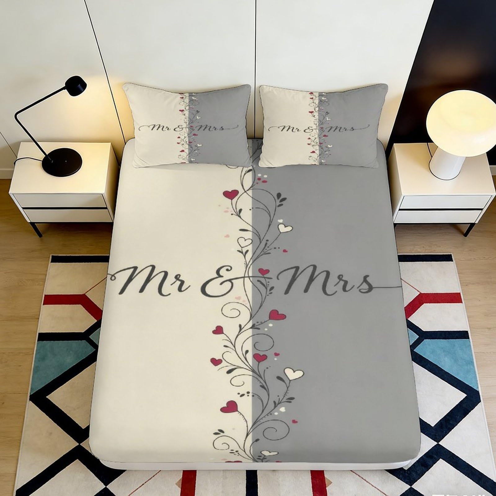 3D Printed Mr & Mrs Fitted Sheet Microfiber Grey White Heart Pattern Mattress Cover for Bedroom Guest Room Decor 90x200x25cm