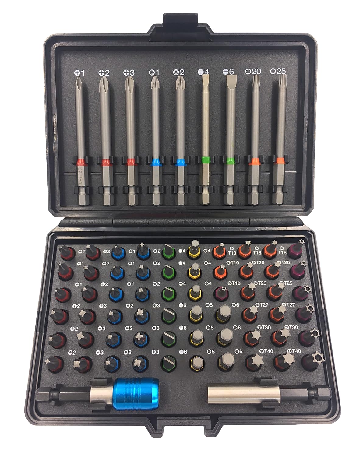 SW-Stahl 04127L Bitsortiment 71-teilig - 1/4 Zoll Bit-Set aus S2-Stahl | Farbmarkierte Torx, Phillips, Pozidriv und Schlitz Schrauberbits inklusive Bit-Halter mit Auswurf und Bit-Kassette