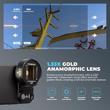 Freewell 1.33x Gold Anamorphic Lens for 17mm Mount iPhone, Samsung | Cinematic Smartphone Lens with Wide Aspect, Rich Gold Flare, and Enhanced Film Look