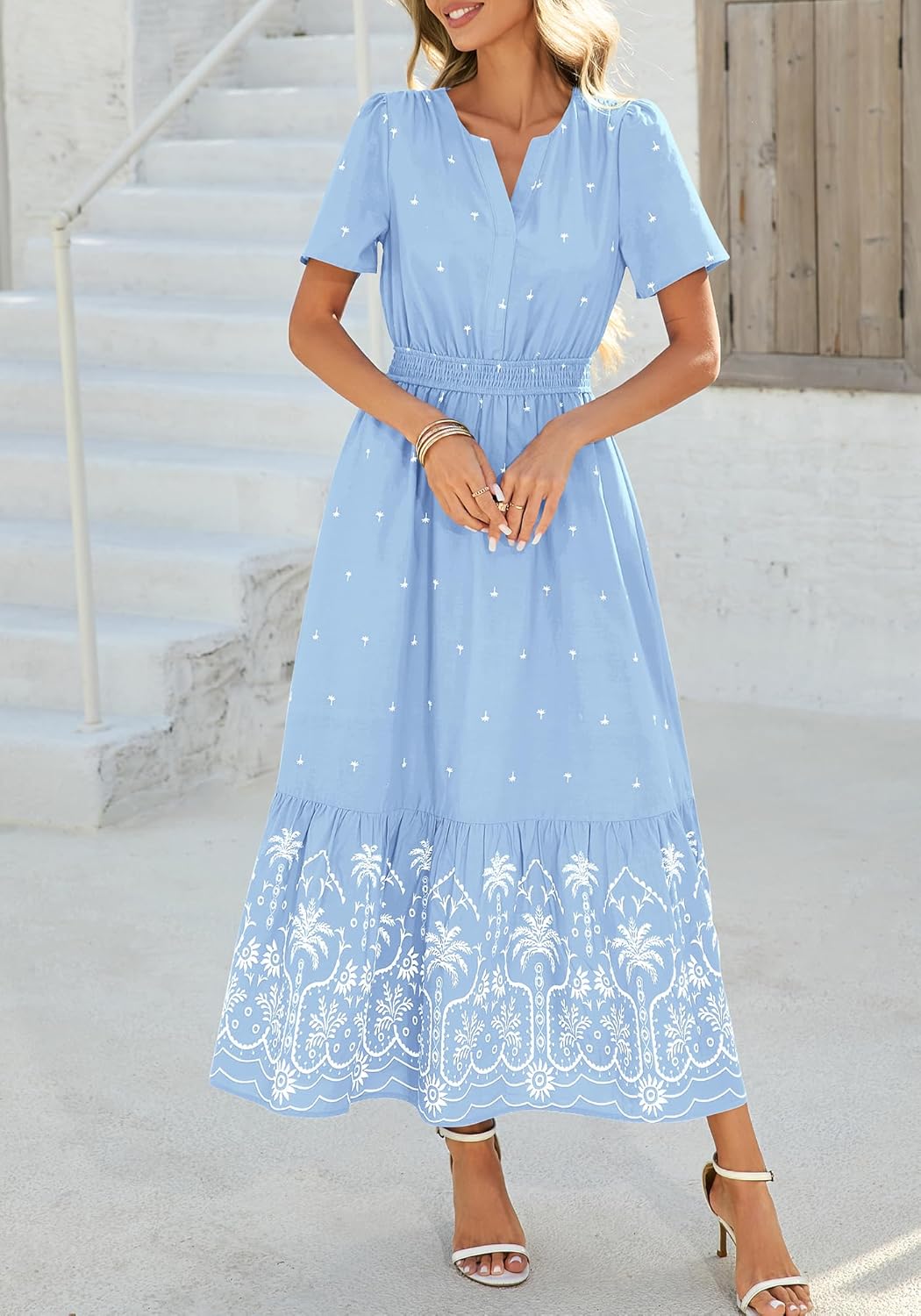 BTFBM Womens Summer Dresses 2026 Casual Short Sleeve Elastic Waist Flowy Beach Vacation Floral Boho Maxi Dress Pockets - Image 2