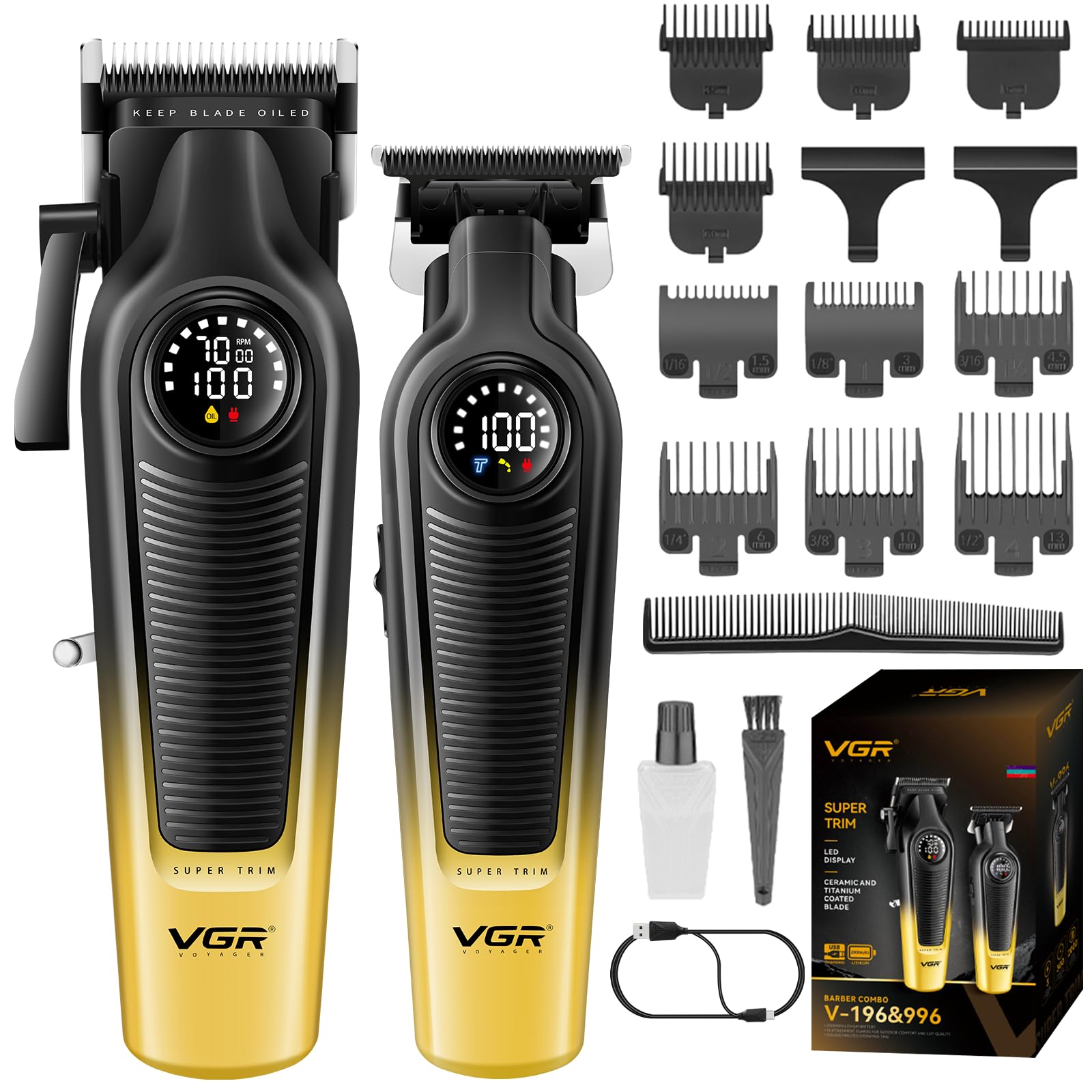 VGR 196 & 996 Haarschneidemaschine Set Profi mit 10 Führungskämme, 1 Kamm | Kabelloses Friseur Set mit Keramisch Titanbeschichteter Klinge, Harrschneidermaschine Herren Profi mit LED Display