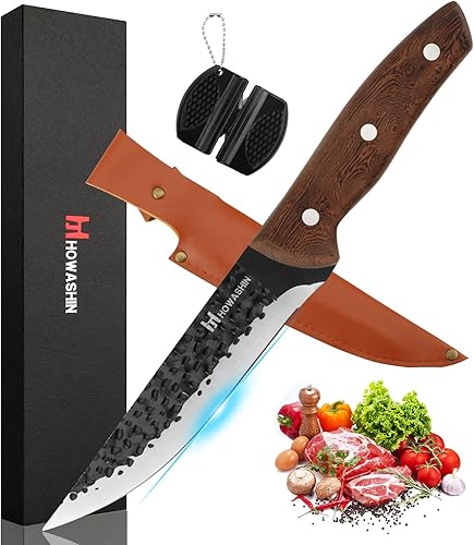 Howashin Cuchillo de deshuesado profesional de 5 pulgadas, cuchillo de cocina de alto carbono para supervivencia en el campo, barbacoa, campamento