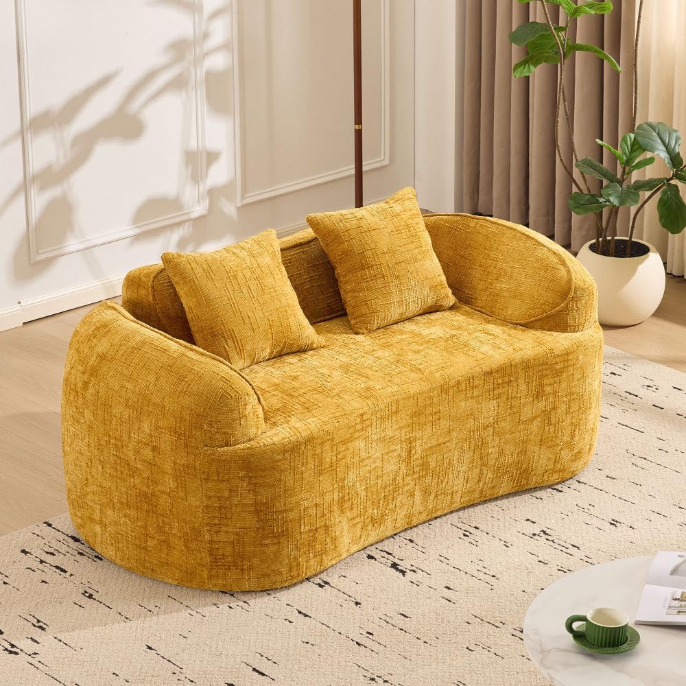 curved two - person compress sofa. It has armrests on both sides, with two pillows, is suitable for small - sized apartments, and can be placed in the living room or bedroom (Yellow + 2 Seat+2pillows)