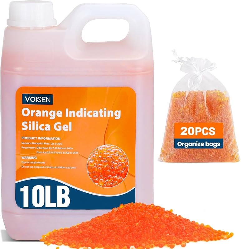 10LBS Orange Indicating Silica Gel Desiccant Beads(Orange to Green) | Reusable Desiccant Industry Standard 3-5 mm,Desiccant for 3D Printer,Electronic,Clothes,Painting,Jewelry(20PCS Organza Bag)