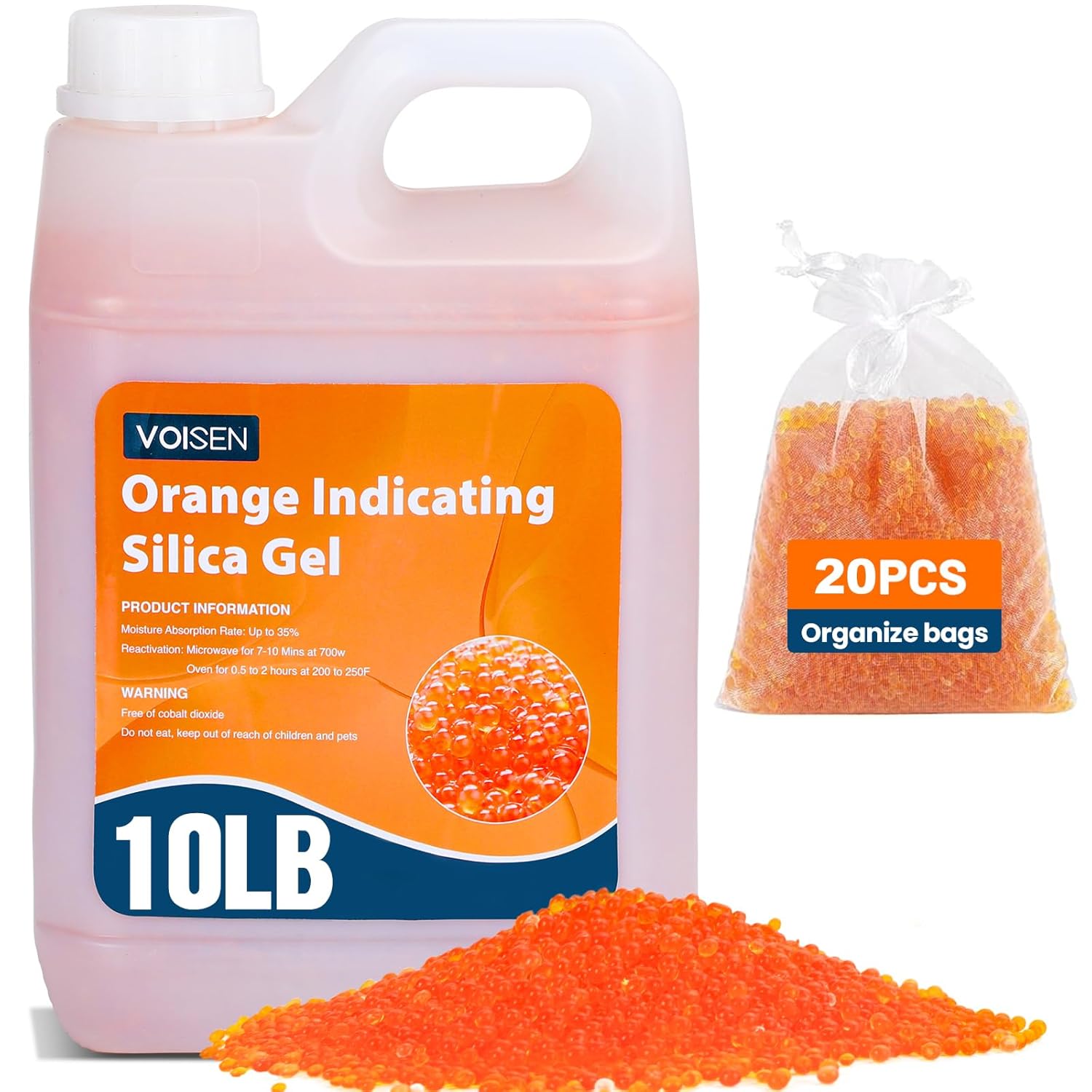 VOISEN 10LBS Orange Indicating Silica Gel Desiccant Beads,Reusable Desiccant Industry Standard 3-5 mm,Desiccant for 3D Printer,Electronic,Clothes,Painting,Jewelry(20PCS Organza Bag)