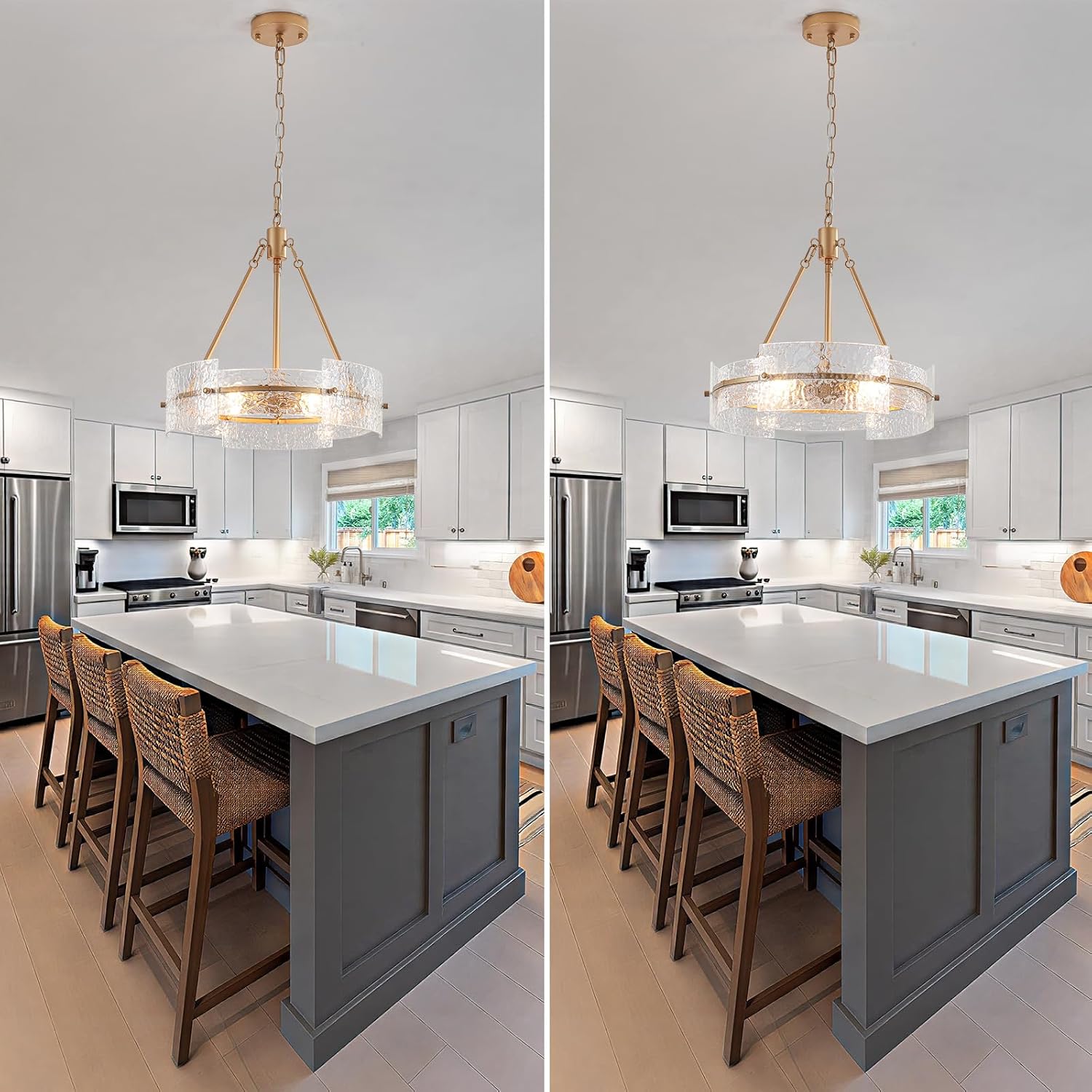 Glass Gold Chandelier Drum Modern Chandeliers for Dining Room Chandelier Over Table 4 Lights Farmhouse Light Fixtures Hanging Round Pendant Lighting for Kitchen Island Living Room Foyer Entryway