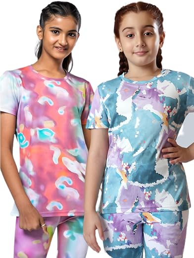 UMILDO Girls Activewear Printed T-Shirts Pack Of 2 Breathable Stretch Quickdry (4-14 Yrs)