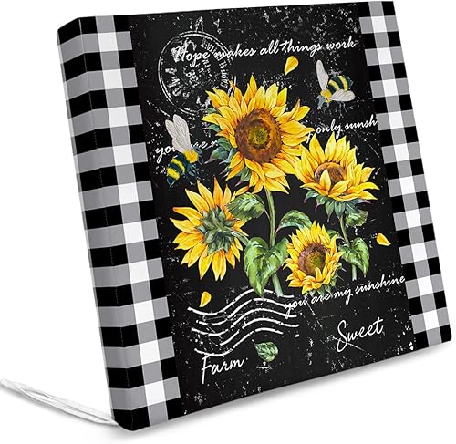 Anzona Paquete de 2 fundas de cojín para silla extraíbles, impermeables, con diseño de girasoles y abejas, flores rústicas a cuadros blancos y