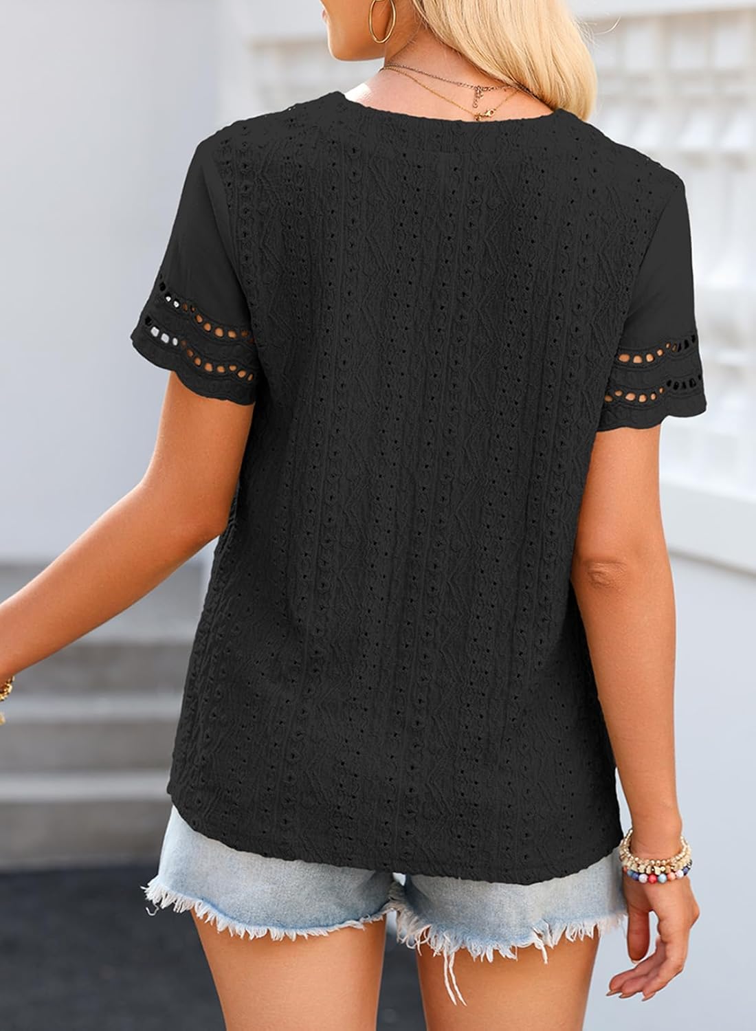 EVALESS Summer Tops for Women V Neck Short Sleeve Lace Eyelet Tops Dressy Casual Blouses 2026 Trendy - Image 4