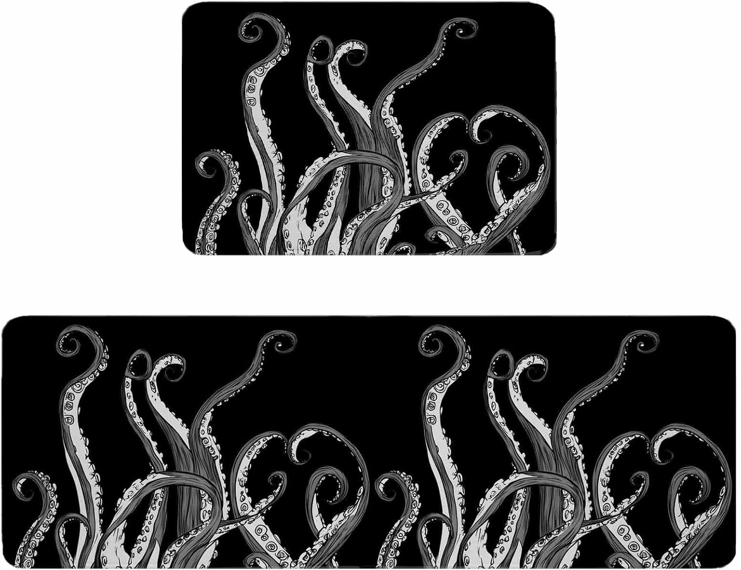 Black Octopus Coastal Kitchen Rugs and Mats Set of 2, Non-Slip Kitchen Sink Mat, Nautical Ocean Modern Abstract Art Washable Doormat Bathroom Rugs Runner for Bedroom 19.7"x31.5"+19.7"x47.2"