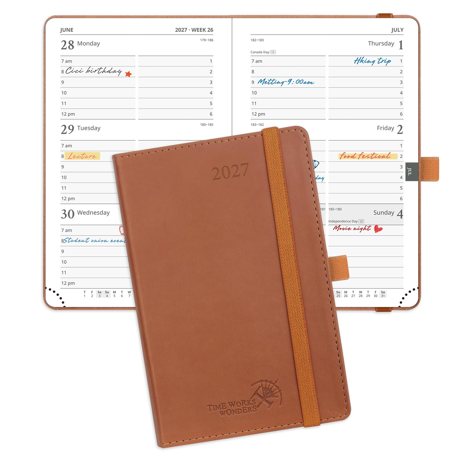 POPRUN Small Diary 2027 Pocket A6 Week to View – PU Leather, Inner Pocket