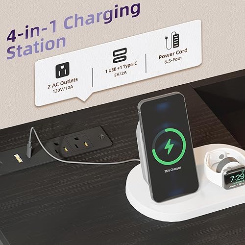 Vista 4 de Somdot Mesita de noche negra con estación de carga y luz LED, cómoda ancha de 5 cajones para dormitorio con contenedores de tela y estante abierto