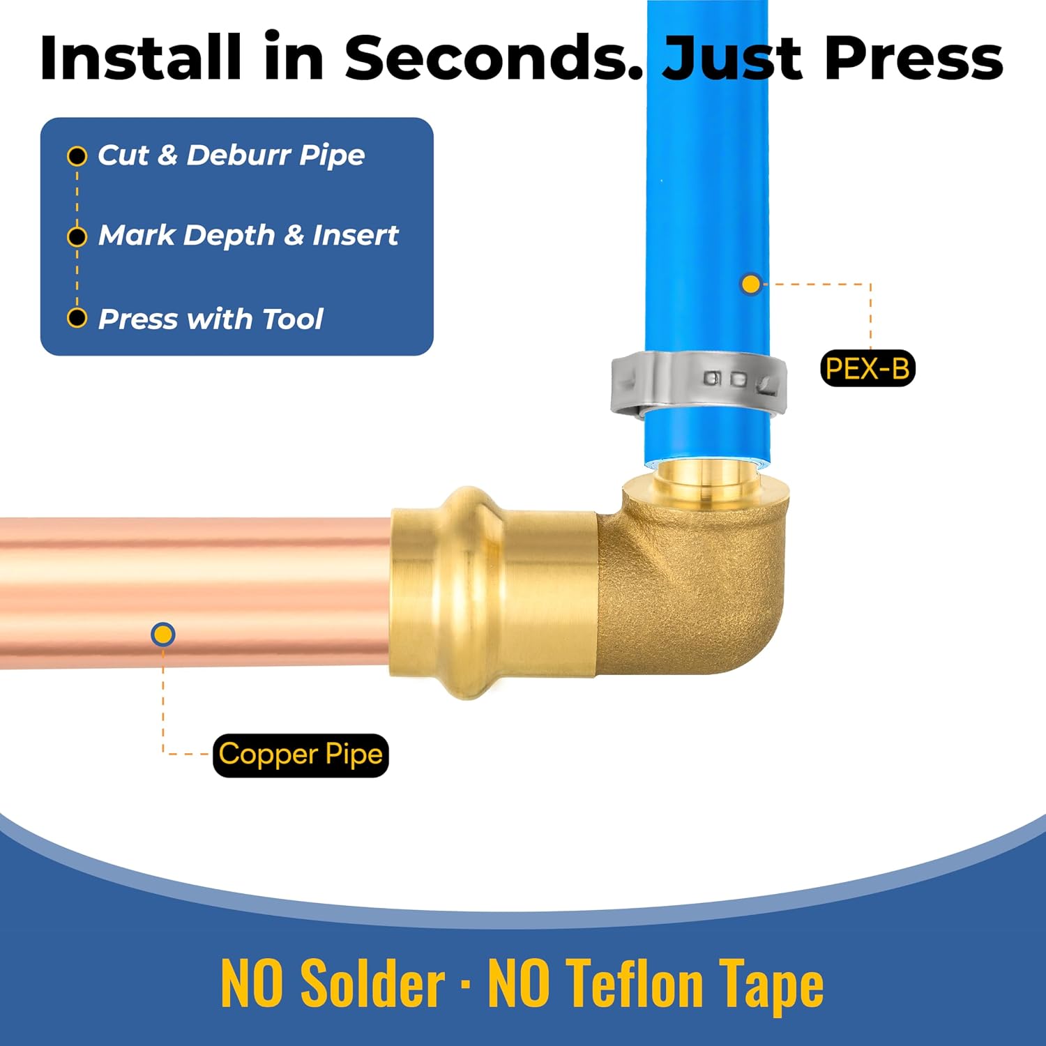 5PCS GUOFIS Copper Press Elbow Fitting,1/2 Inch Press x 1/2 Inch PEX Crimp 90 Elbow for Water Supply Lines, HVAC Systems(LF Brass Material)