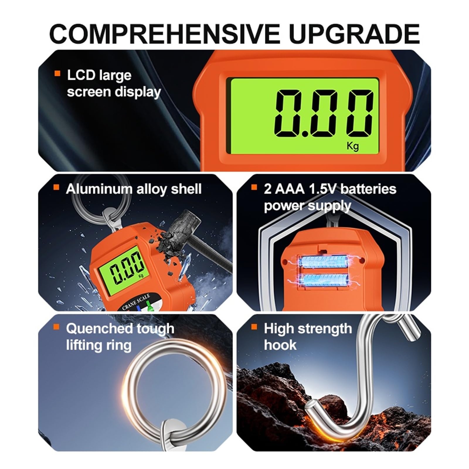 Hängewaagen, Digitale LCD-Hängehakenwaage, Mini-Kranwaage, Gehäuse aus Aluminiumlegierung, industrietauglich, robust(Orange)