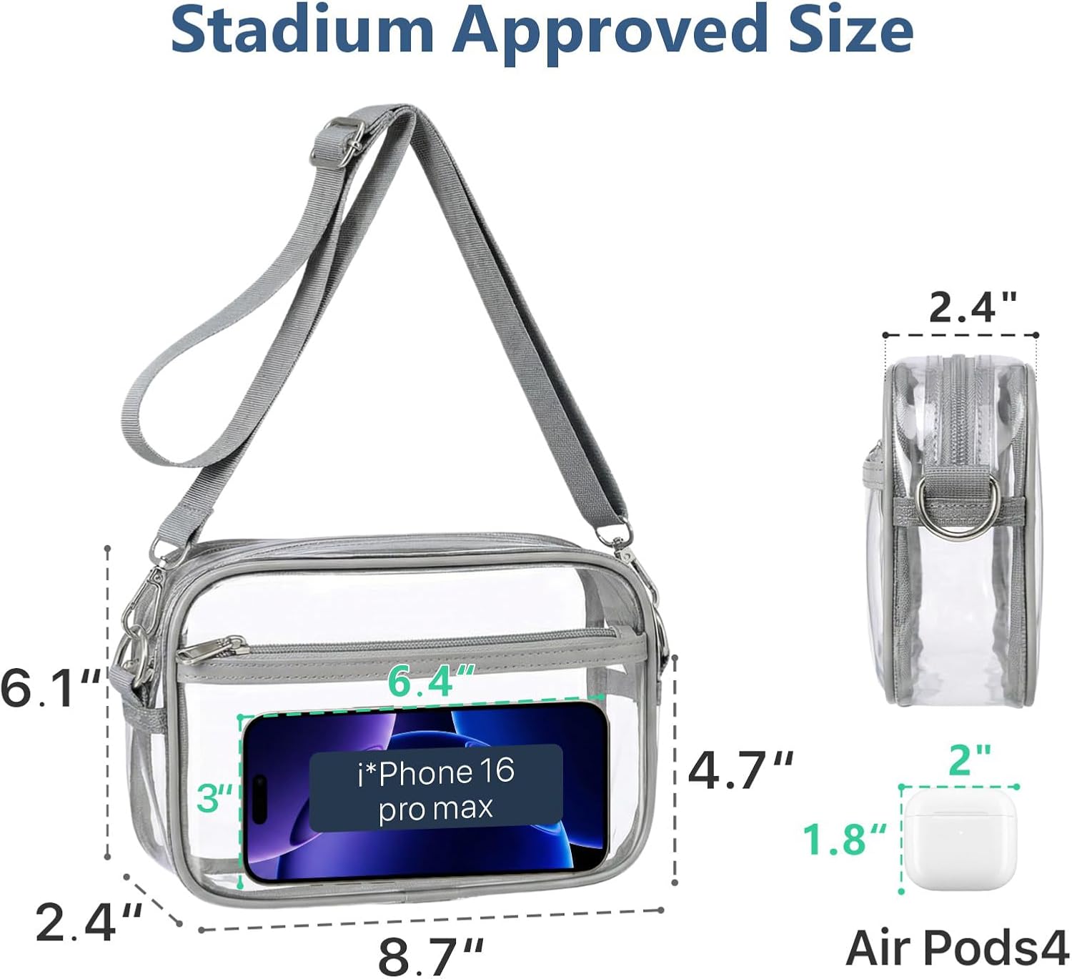  Clear Bag for Stadium Events - Small Clear Purse Crossbody Bag | Adjustable Wide Strap, 2 Easy Access Pockets, Thick 0.5mm PVC, for Sports Game Day Concerts Festival, Women Clear Stadium Bag thumbnail