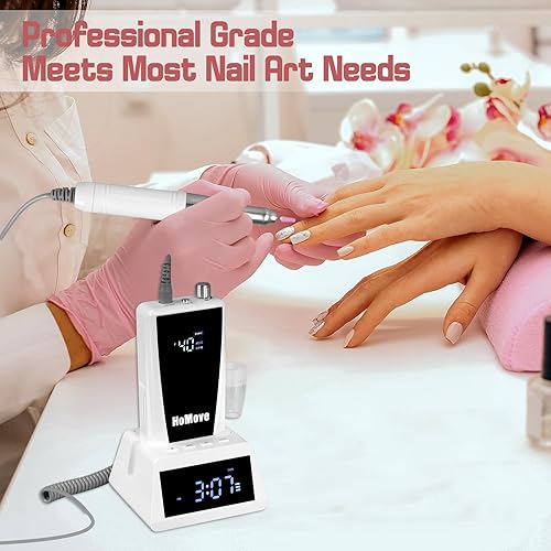 Miniatura 7 de Taladro de uñas profesional, 40000 RPM recargable con motor Corelss, archivo de uñas inalámbrico HoMove con base de reloj para eliminación de uñas