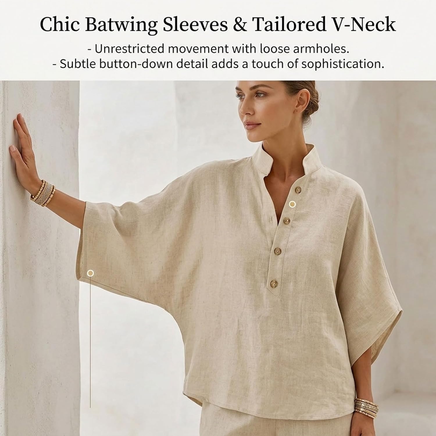 Women’s Batwing Sleeve Linen Cotton Two-Piece Set, Effortless Chic Silhouette, Breathable Natural Fabric