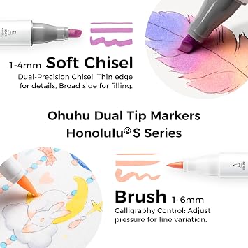 Ohuhu Alcohol Markers 48 Pastel Colors Brush Soft Chisel for Adult Coloring