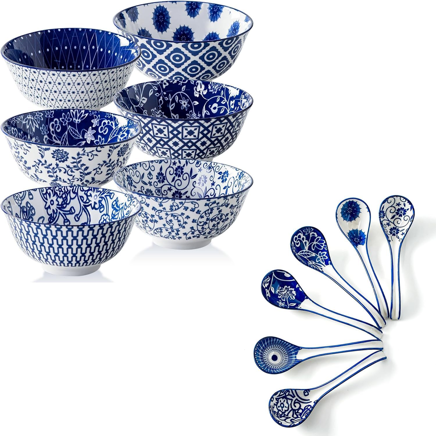 12 Pieces Ceramic Dinnerware - 24 Oz Soup Bowls and 6.3 Inch Soup Spoons - Service for 6 - Vintage Blue