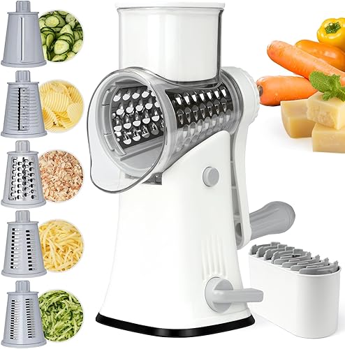 Miniatura 7 de Rallador de queso giratorio, triturador manual de queso con 3 cuchillas intercambiables, rallador de queso con manivela de mano con base de succión