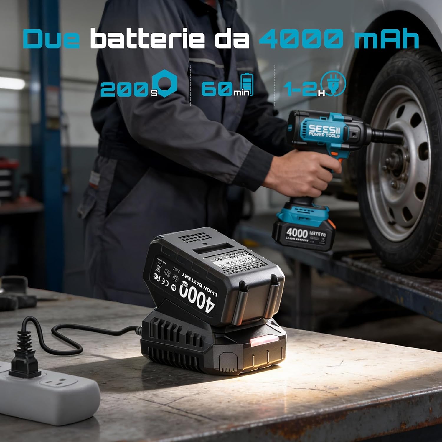 Two Seesii 4.0Ah 21V Lithium-Ion battery packs, one connected to a charger, indicating the charging process.
