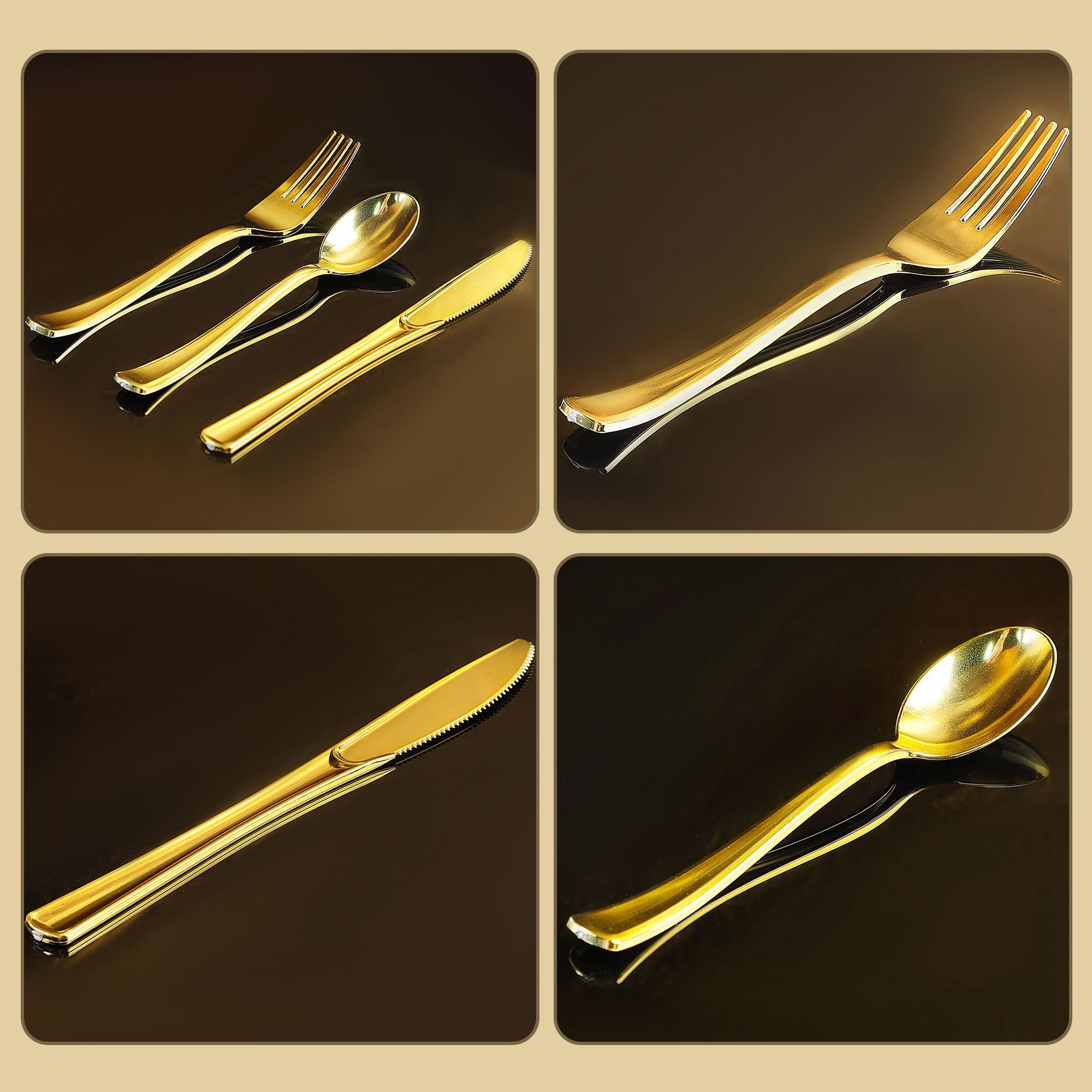 Zcaukya 200 Pieces Gold Plastic Silverware Set, Disposable Cutlery Set Including 100 Forks, 50 Knives and 50 Spoons, Eating Implements Flatware in Bulk for Dinner, Weddings and Birthday Parties