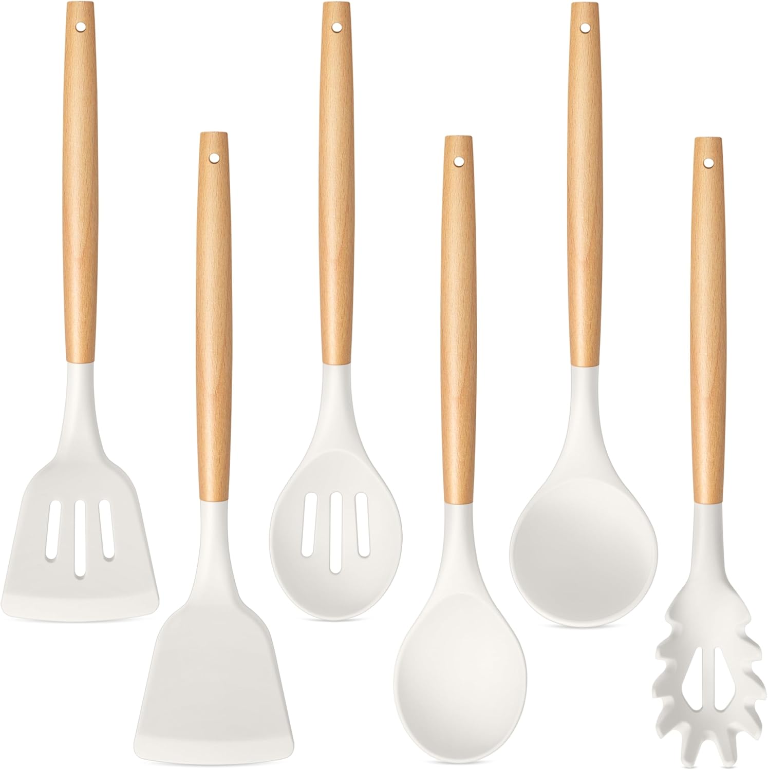 TeamFar Cooking Utensils Set of 6, Silicone Kitchen Utensils with Wooden Handles for Cooking/Turning/Serving/Mixing, Heatproof Kitchen Tools for Non-stick Cookware, Healthy &Non-Scratch, White TeamFar Cooking Utensils Set of 6, Silicone Kitchen Utensils with Wooden Handles for Cooking/Turning/Serving/Mixing, Heatproof Kitchen Tools for Non-stick Cookware, Healthy &Non-Scratch, White