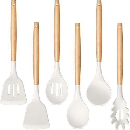 TeamFar Juego de 6 utensilios de cocina de silicona con asas de madera para cocinargirarservirmezclar, herramientas de cocina resistentes al calor