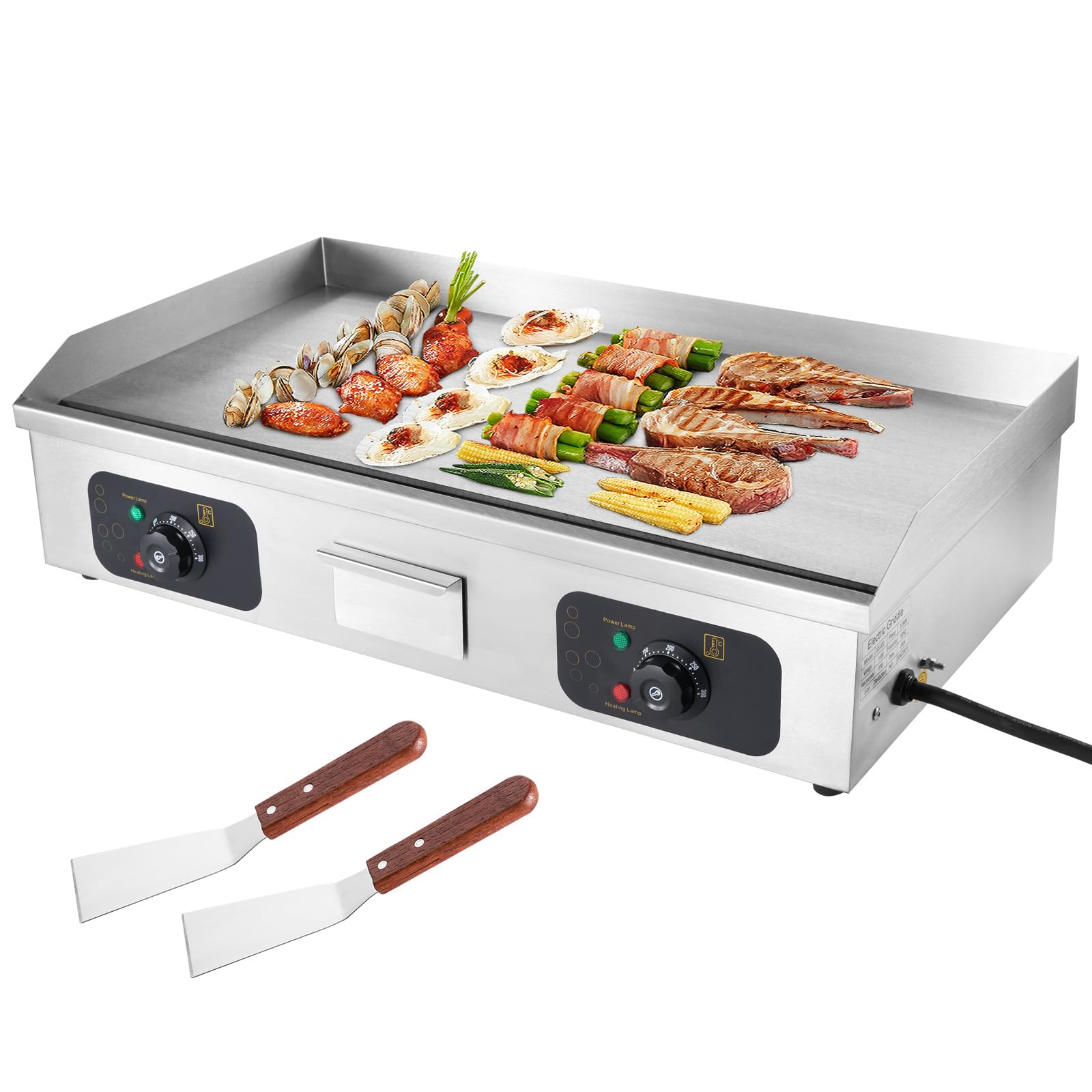 29’ Commercial Electric Griddle, 3200W Countertop Flat Top Griddle, Adjustable Temperature Control 122°F-572°F (NO PLUG), 2 Shovels