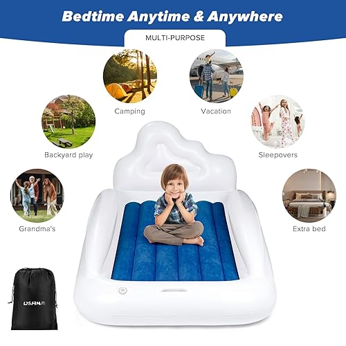 Miniatura 5 de Cama inflable de viaje para niños pequeños, colchón de aire para niños con cabecero, colchón de aire reversible de 2 colores para niños, cama