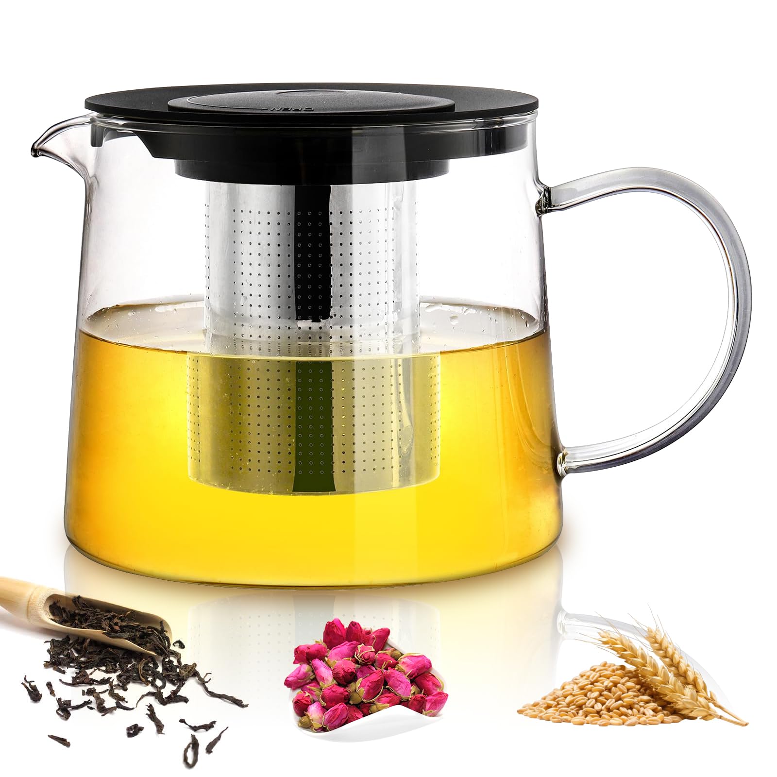 1.5L Glaskanne mit sieb, Teekanne Glas Teeservice, Glas Teekanne Mikrowellenkanne, Borosilikatglas Teeservice, Hitzebeständiges Borosilikatglas passend für Camping Reisen Kräutertee und Früchtetee