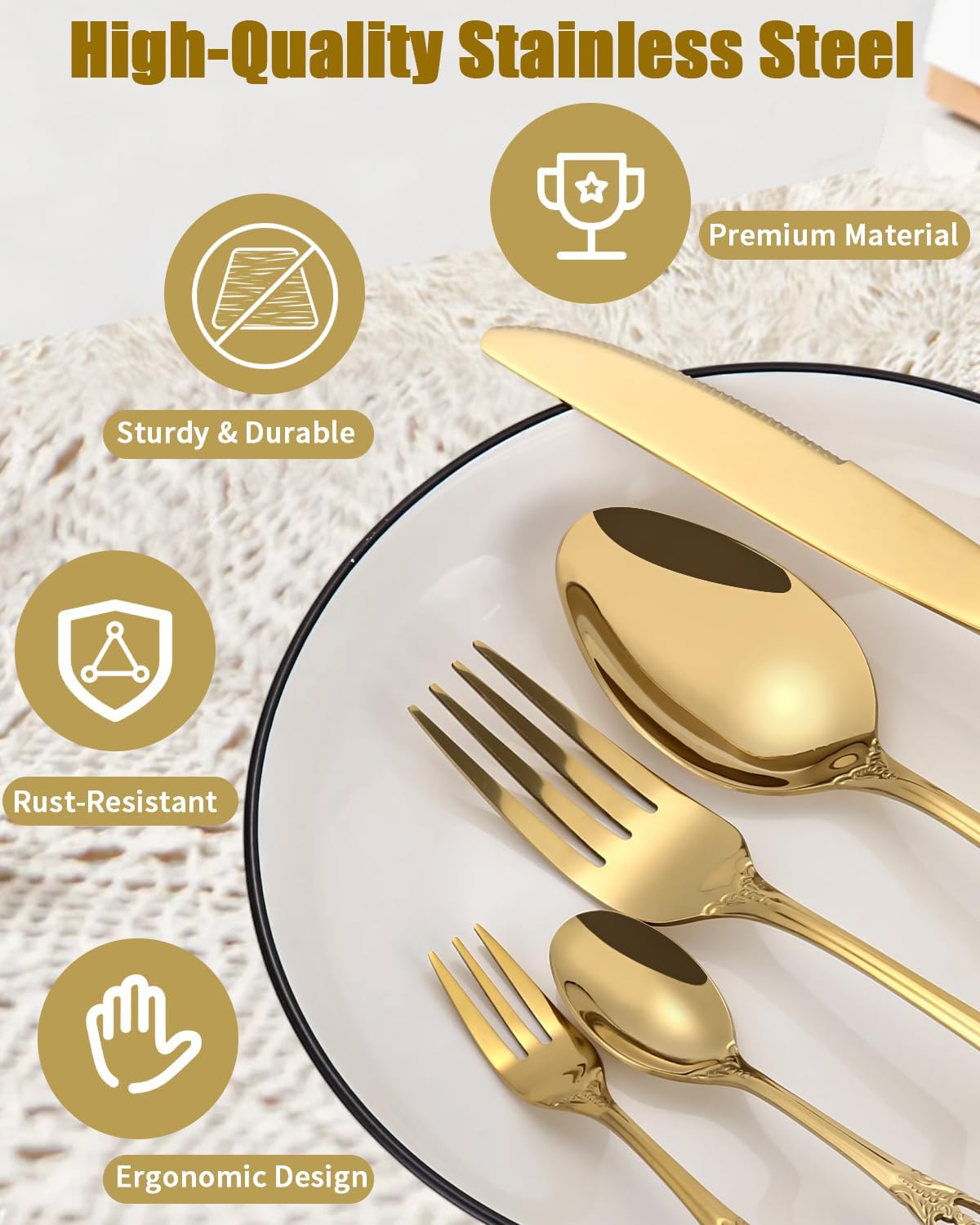 Set de Cubiertos 40 Piezas, Cubiertos Acero Inoxidable, Acabado Pulido Brillante, Juego de Cubertería con Cuchillo, Tenedor, Cuchara, Apto para Lavavajillas,Dorado
