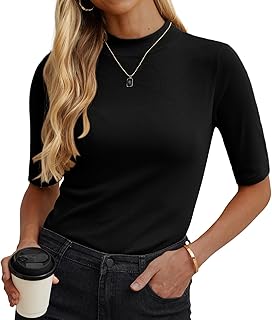 Womens Tops Mock Neck Short Sleeve T Shirts Dressy Casual Ribbed Knit Slim Fit Summer Business Going Out Tops 2026