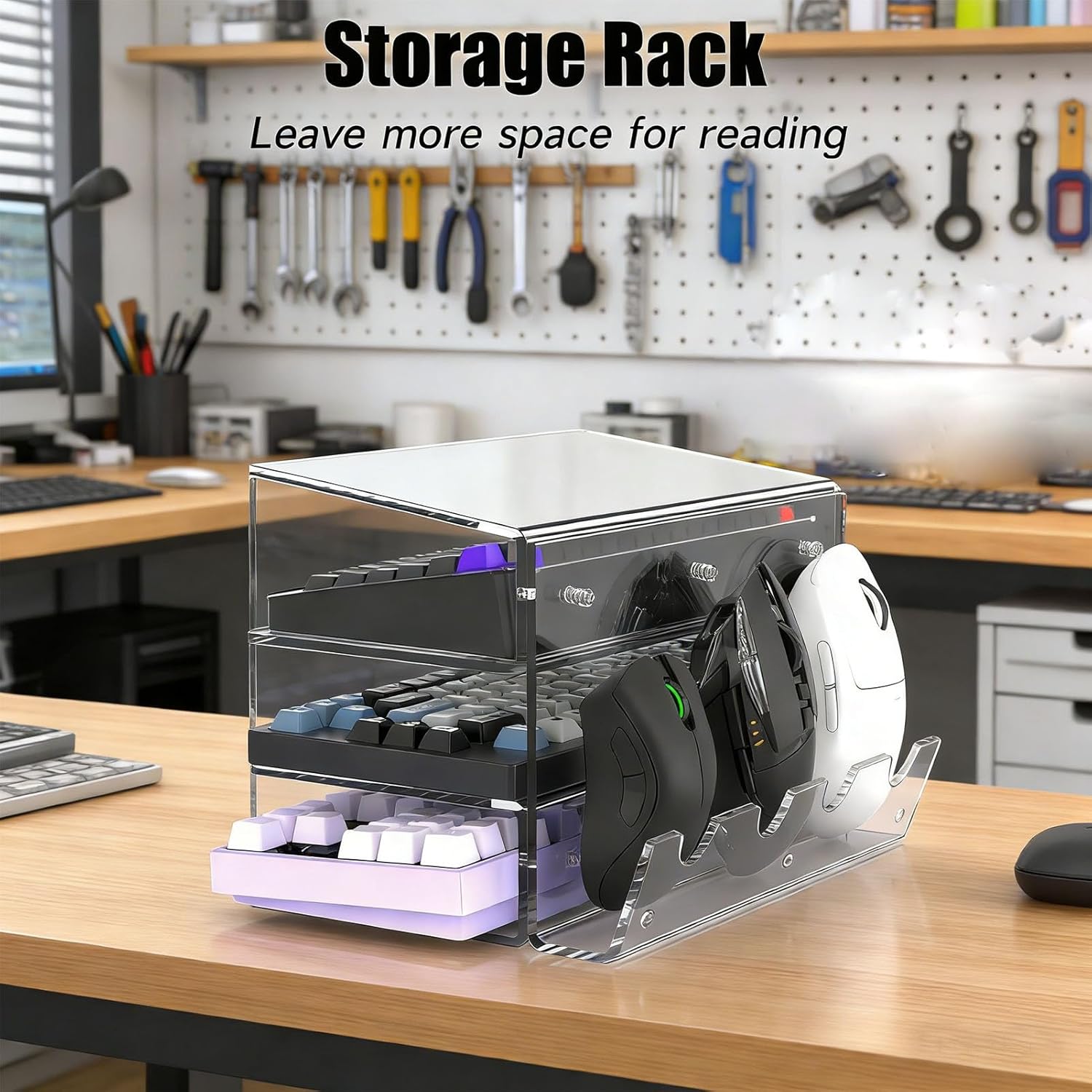 POCREATION Keyboard Storage Rack, 3 Layer Acrylic Display Stand for Gaming Keyboard and , with Slanted Supports for Organized (Transparent)