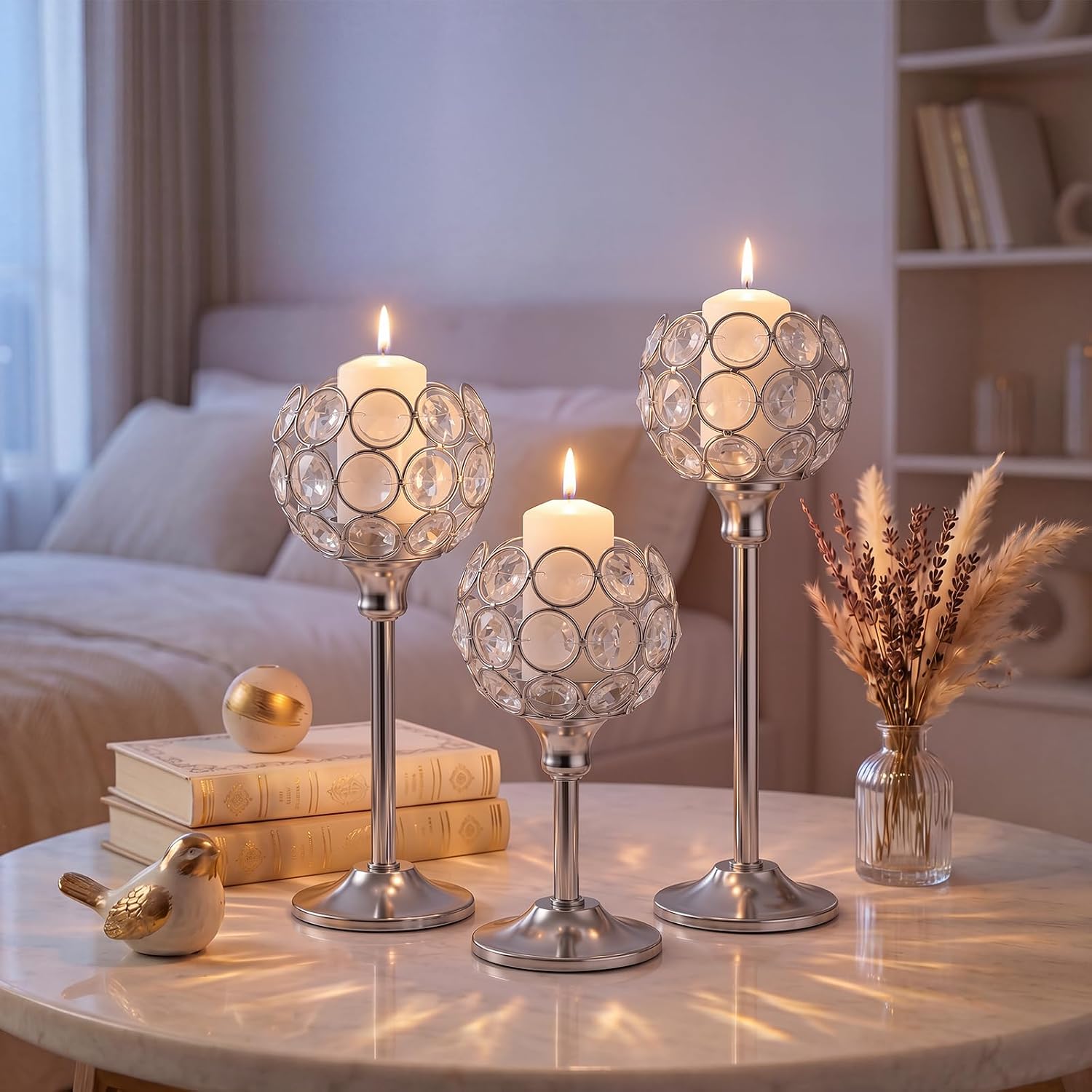 Crystal Candle Holders Silver Vintage Hollow Ball Candle Stand 3PCS