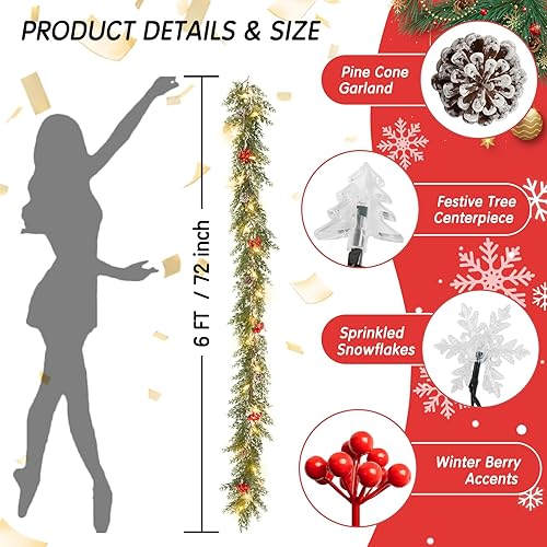 Miniatura 6 de Guirnalda de Navidad con luces, guirnalda iluminada a pilas con conos de pino, ramas exuberantes de bayas rojas, copos de nieve centelleantes y