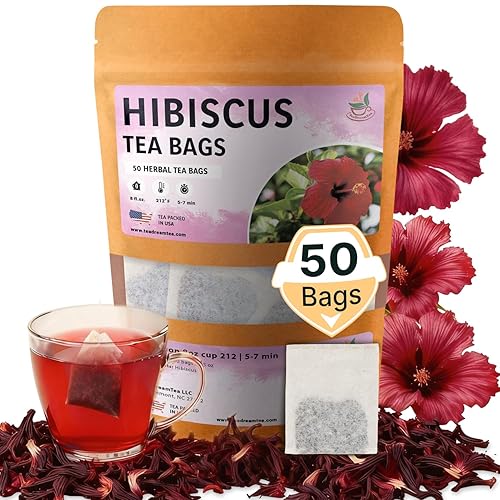 TeaDreamTea Bolsas de té de hibisco  50 bolsas de té sin blanqueador  Sin cafeína  Flores secas de hibisco  Té de flores de hibisco  Té de flores