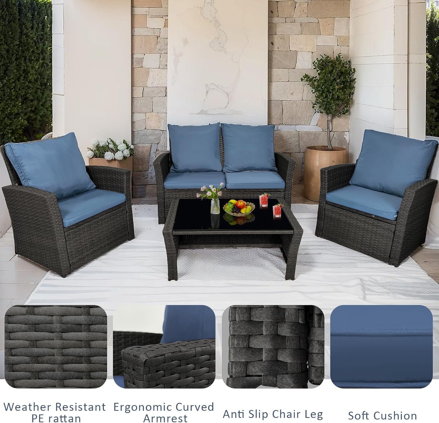 4 Piece Patio Furniture Set, All Weather Wicker Rattan Patio Conversation Sets with Glass Coffee Table and Cushion,Outdoor Sofa Set with Washable Cushions for Deck, Backyard, Porch (Black-Blue)