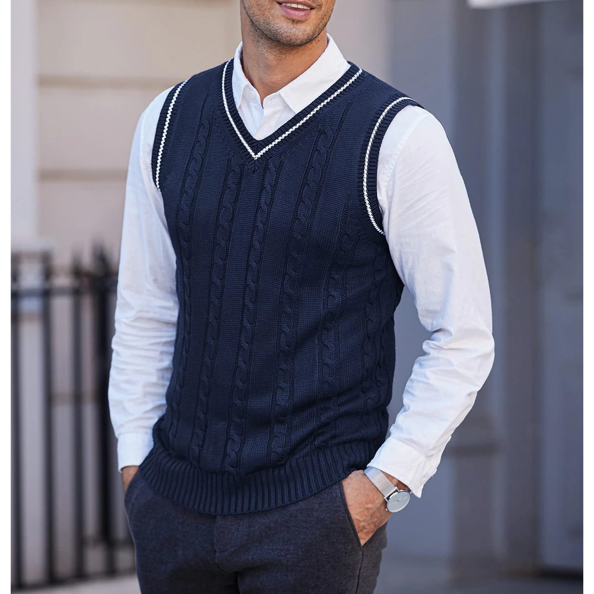 Chaleco de punto trenzado con cuello en V para hombre, ajuste relajado, sin mangas, suéter de punto cálido y ligero