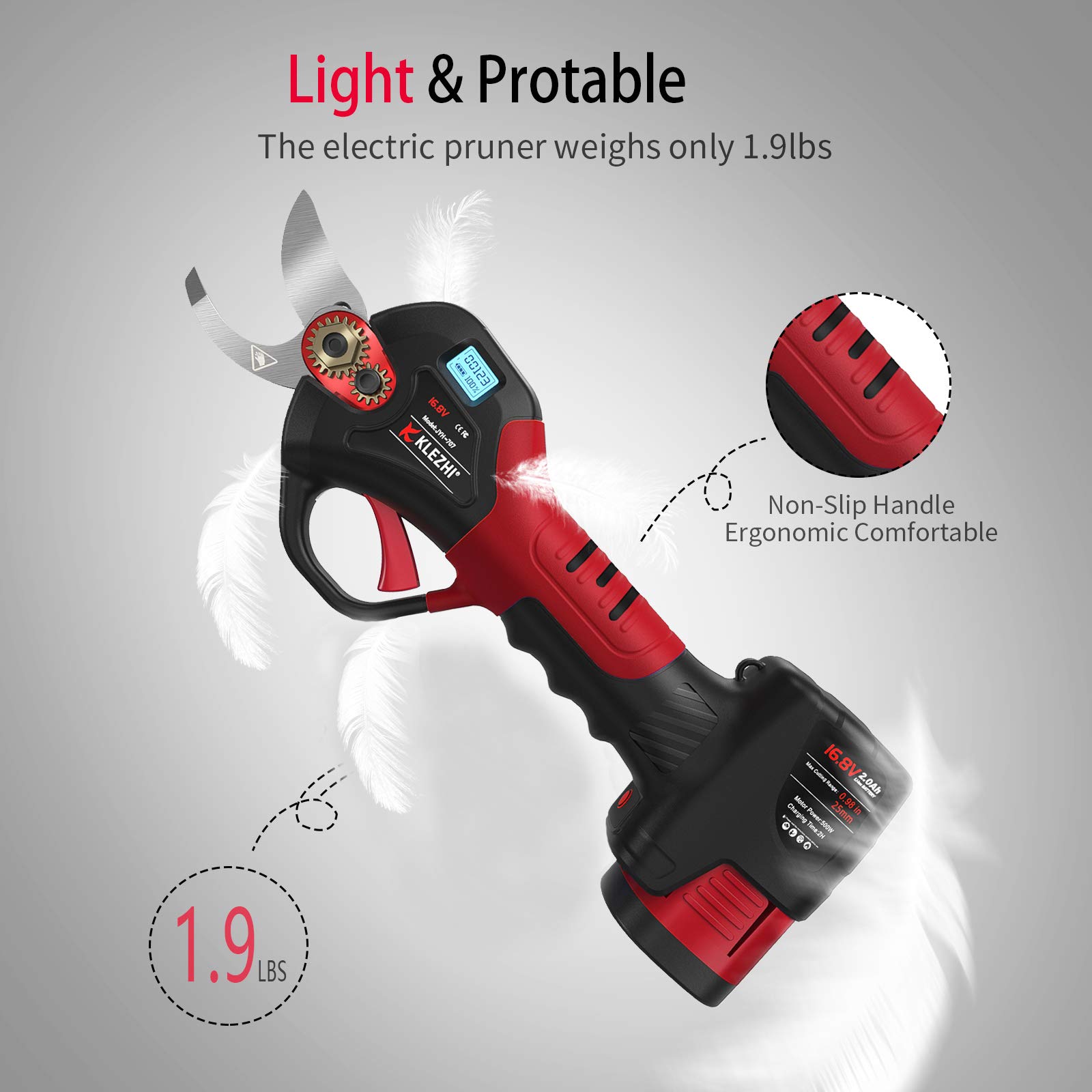 Tijeras de Podar Electricas con Pantalla LED, Podadora con Bateria Profesional, Bateria Litio 2Ah Recargable con 2 Repuestos, Diámetro de Corte 25mm, 3-5 Horas Laborales, Negro