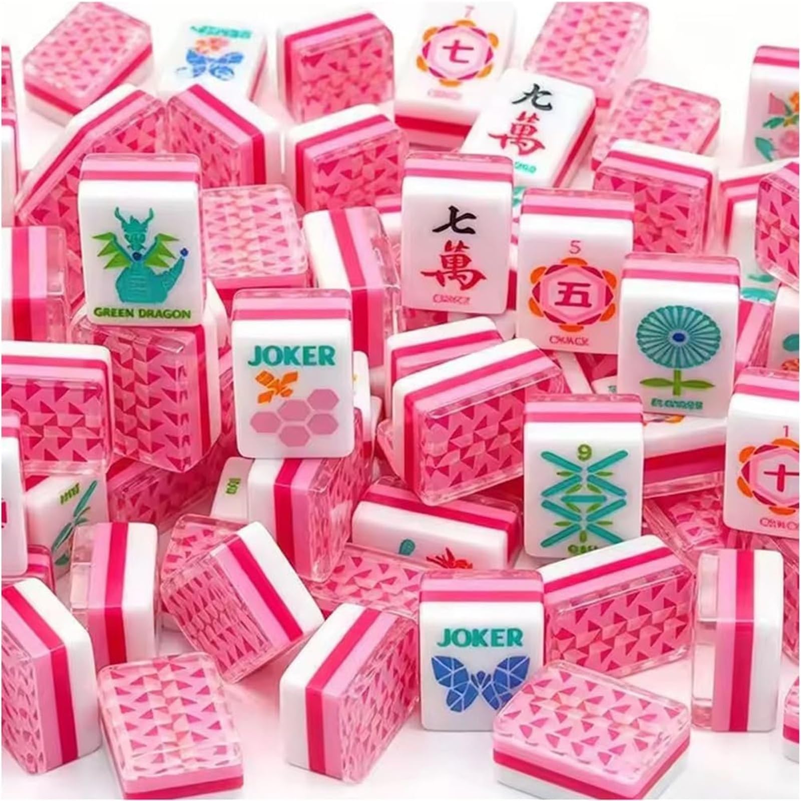Piastrelle Mahjong Americane, Set Da 160 Mahjong In Acrilico Rosa | 4 Strati Incisi, Con Borsa For Il Trasporto E Dadi, Set Gioco Portatile Viaggio, For Serate Gioco In Famiglia