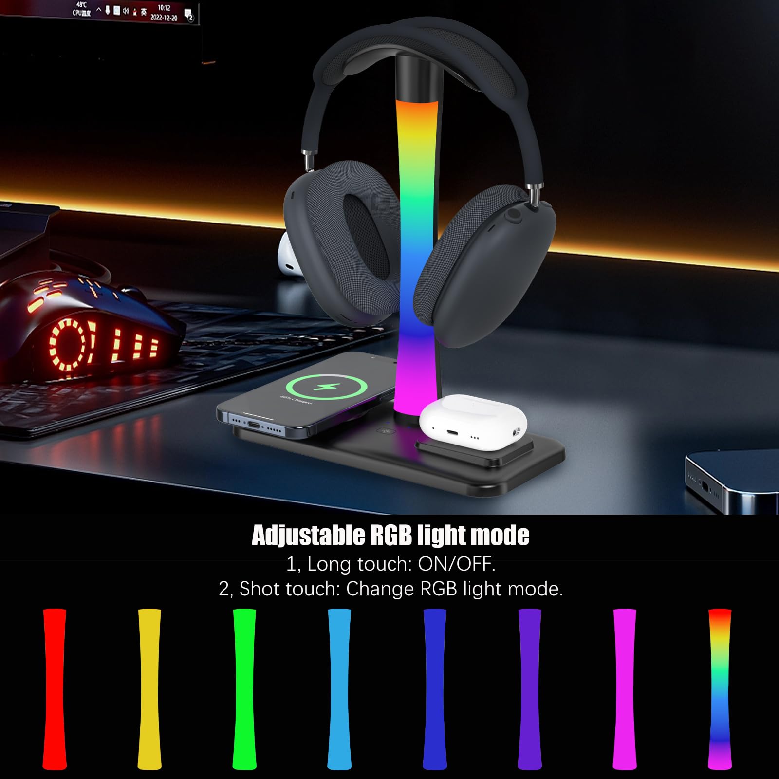 Supporto Per Cuffie con Caricabatterie Wireless,Suppor to Per Cuffie Da Gioco con Luce RGB,Supporto Per Airpod Max Compatibile con Airpod Pro/3/2,iPhone 16/15/14/13/12/11,Regali per Uomini Do (Nero)
